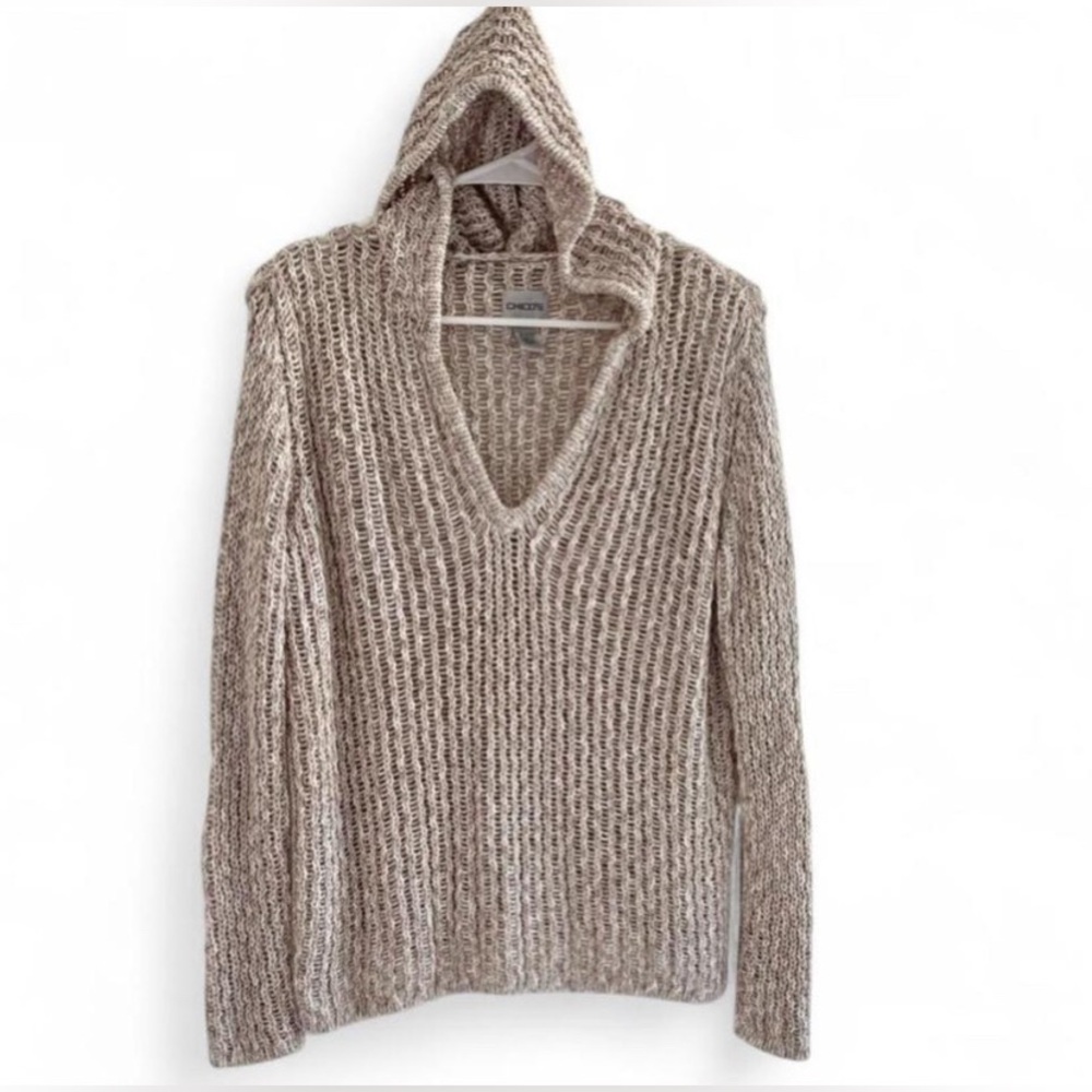 Chico's Open Knit Hooded V-Neck Sweater - Beige Marled - Chicos Size 1 medium 8